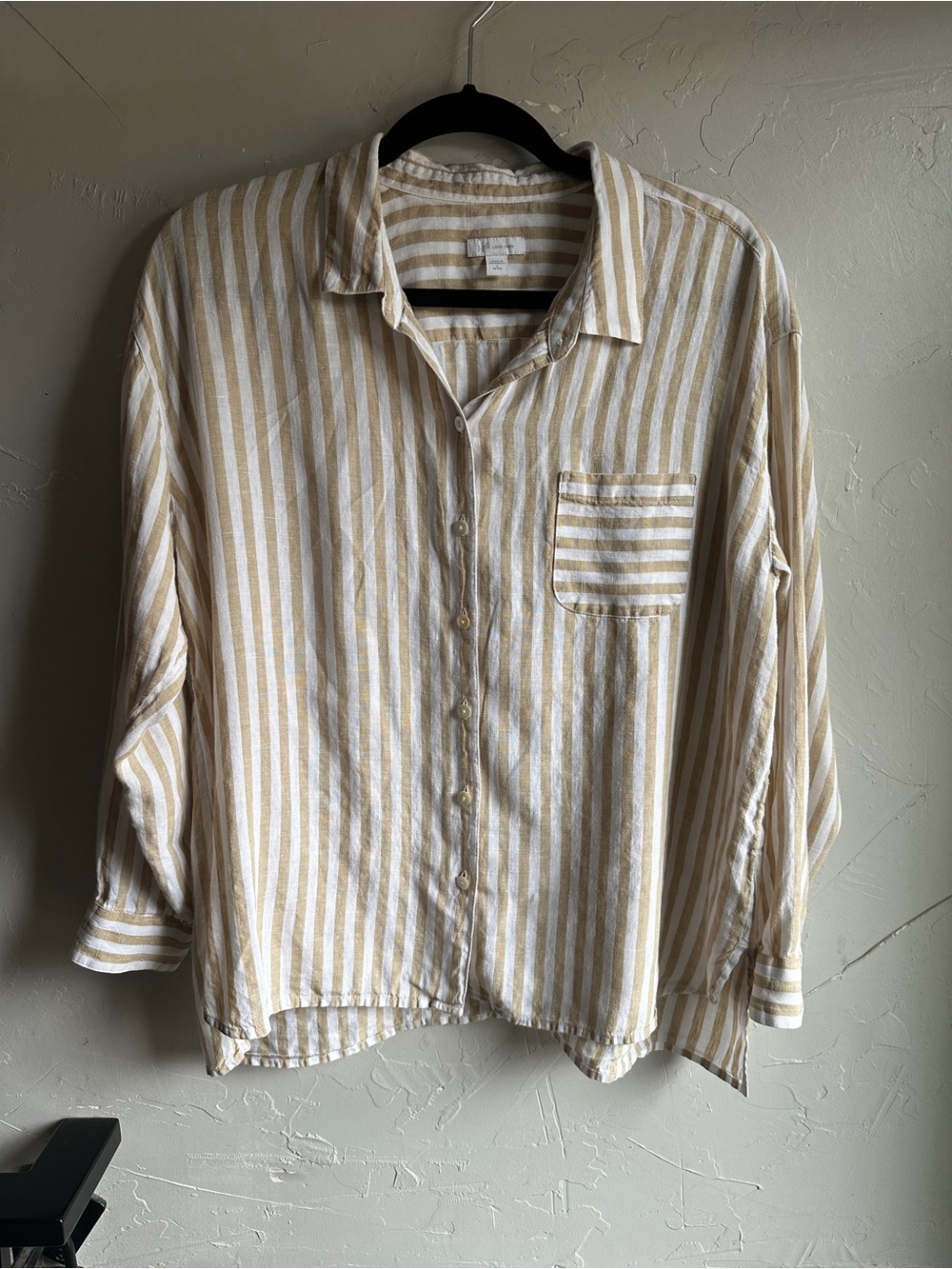 J.Jill Love Linen Tan White Striped Button Down Shirt Coastal Boxy Resort L